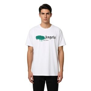Palm Angels Milano Spray Logo White T-Shirt Mens Green Graphic Tee Size